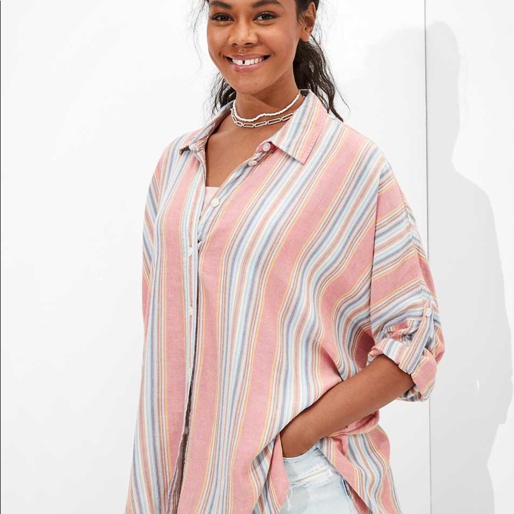 American Eagle oversize striped button up shirt
